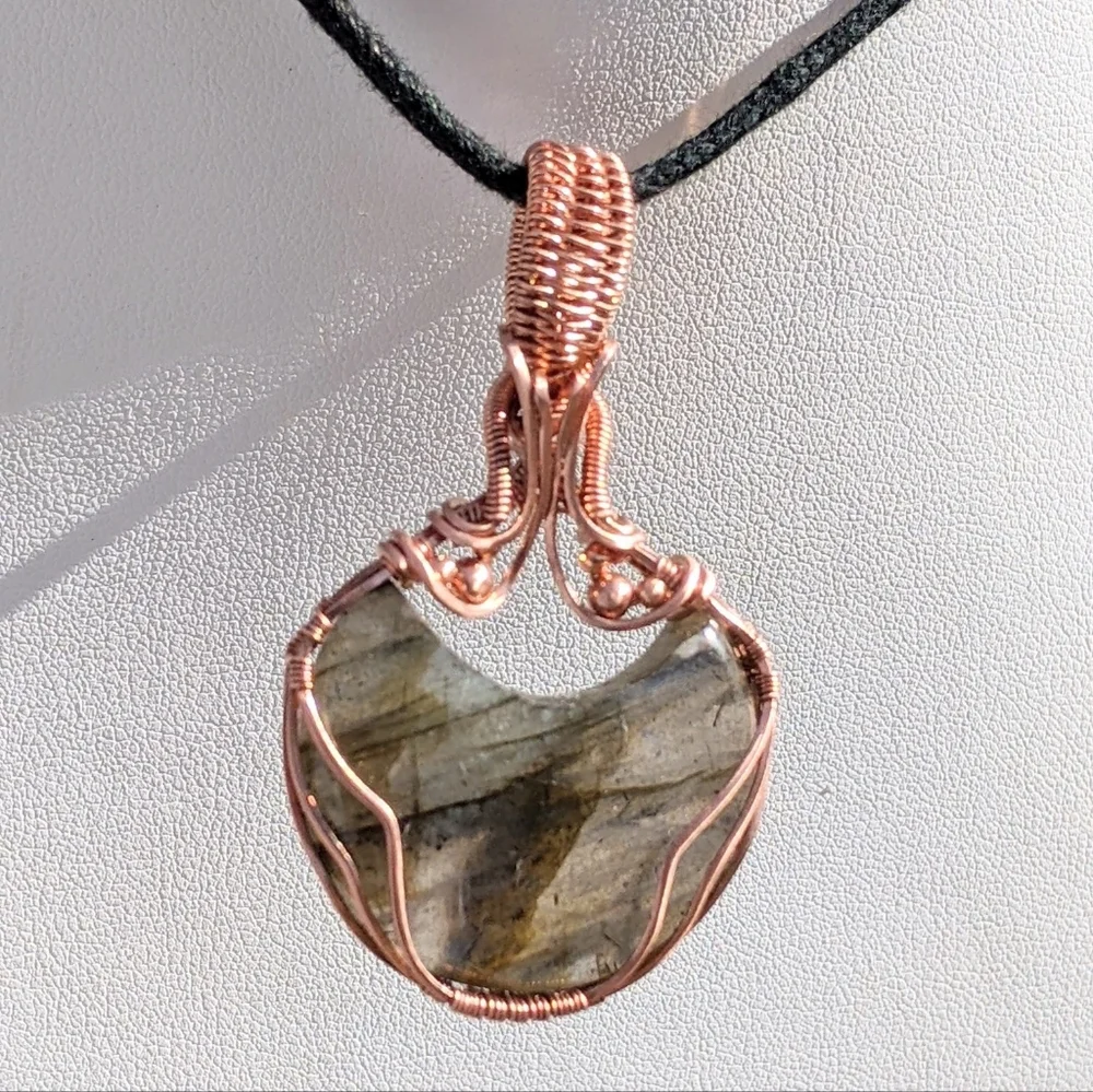Ethereal Moon Pendant-Artisan-Blue Labradorite Gemstone-Copper Wire Wrap - Picture 13 of 17